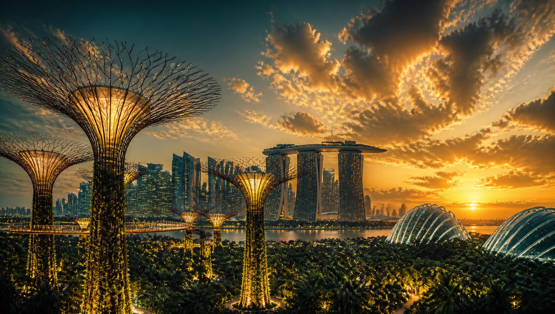Panorama Marina Bay dan Gardens by the Bay Singapura saat matahari terbenam